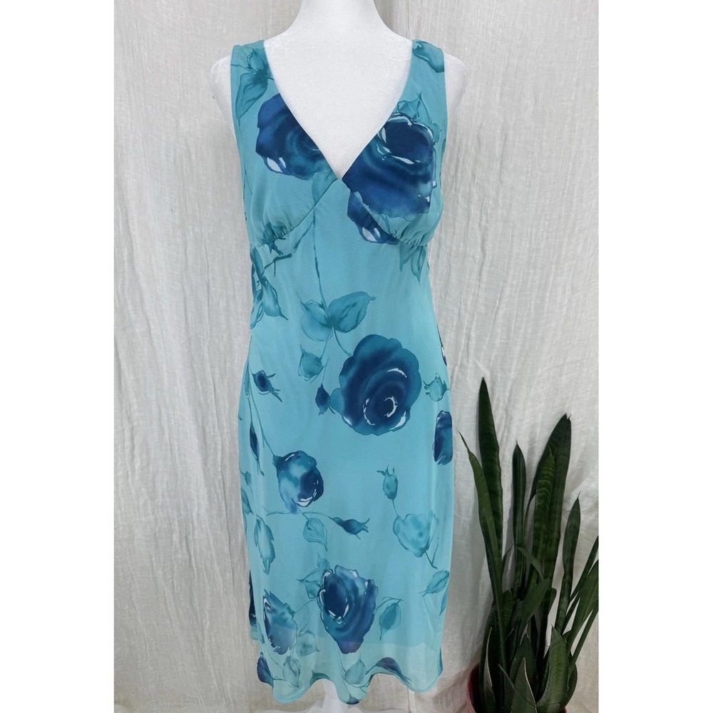 Vtg 90s Y2K Floral Babydoll Slip Dress 10 Romantic Mermaid Blue Watercolor Fairy